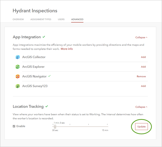 Mise à jour dans l’onglet Advanced (Avancé)